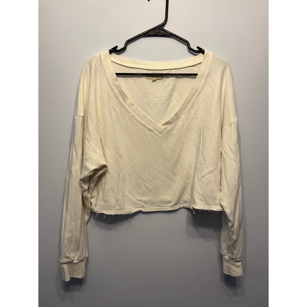 Madewell Cream V-Neck Long Sleeve Crop Top Raw Hem Slub Knit Medium